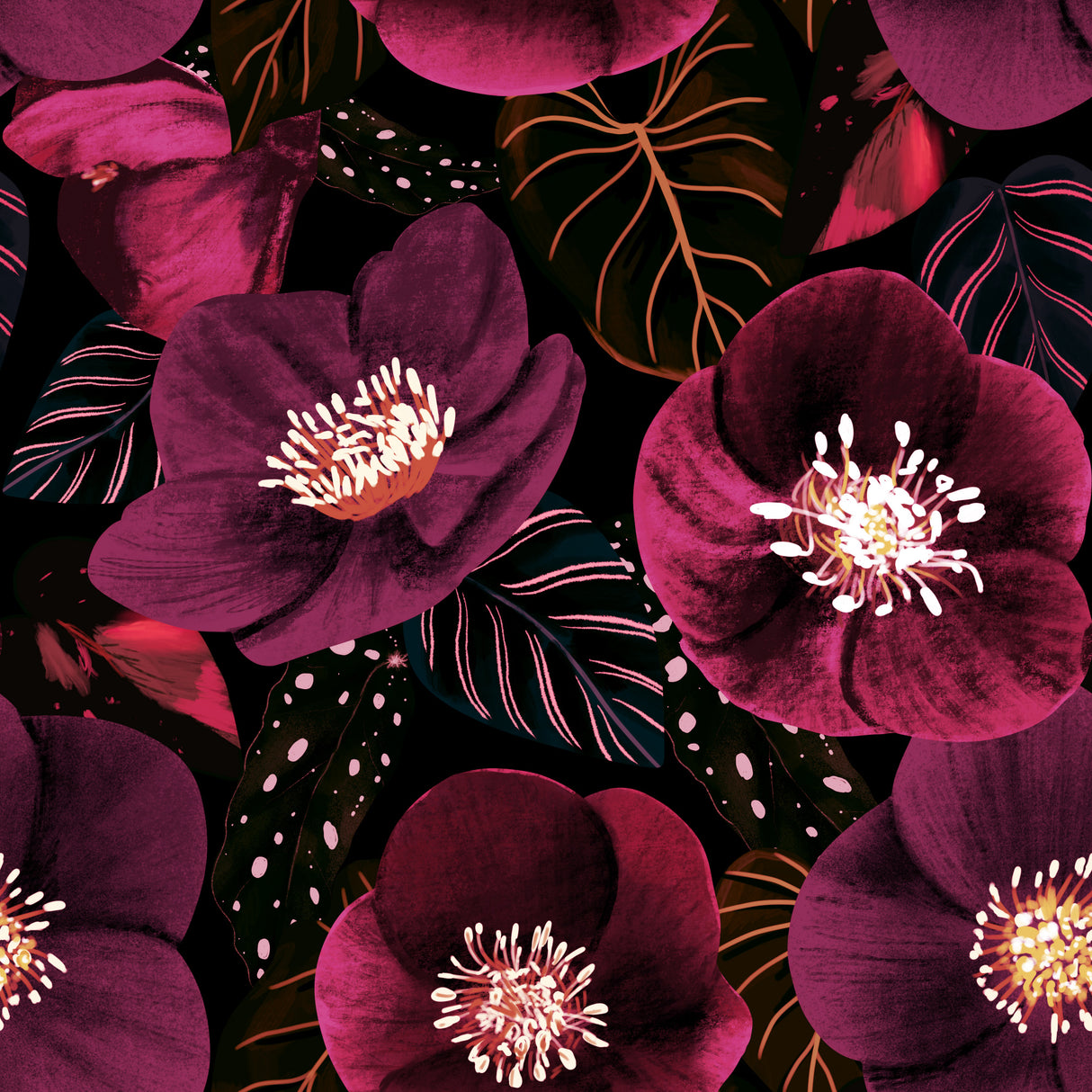 Midnight Dark Pink Flowers Poster och Canvastavla