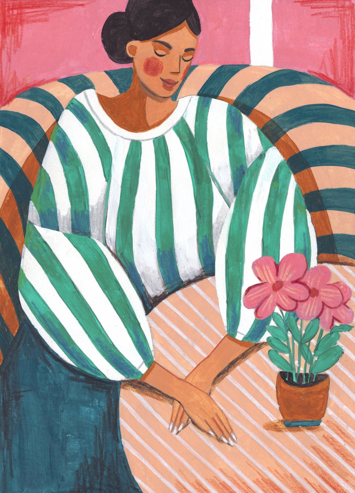 Woman in stripes in thought Poster och Canvastavla