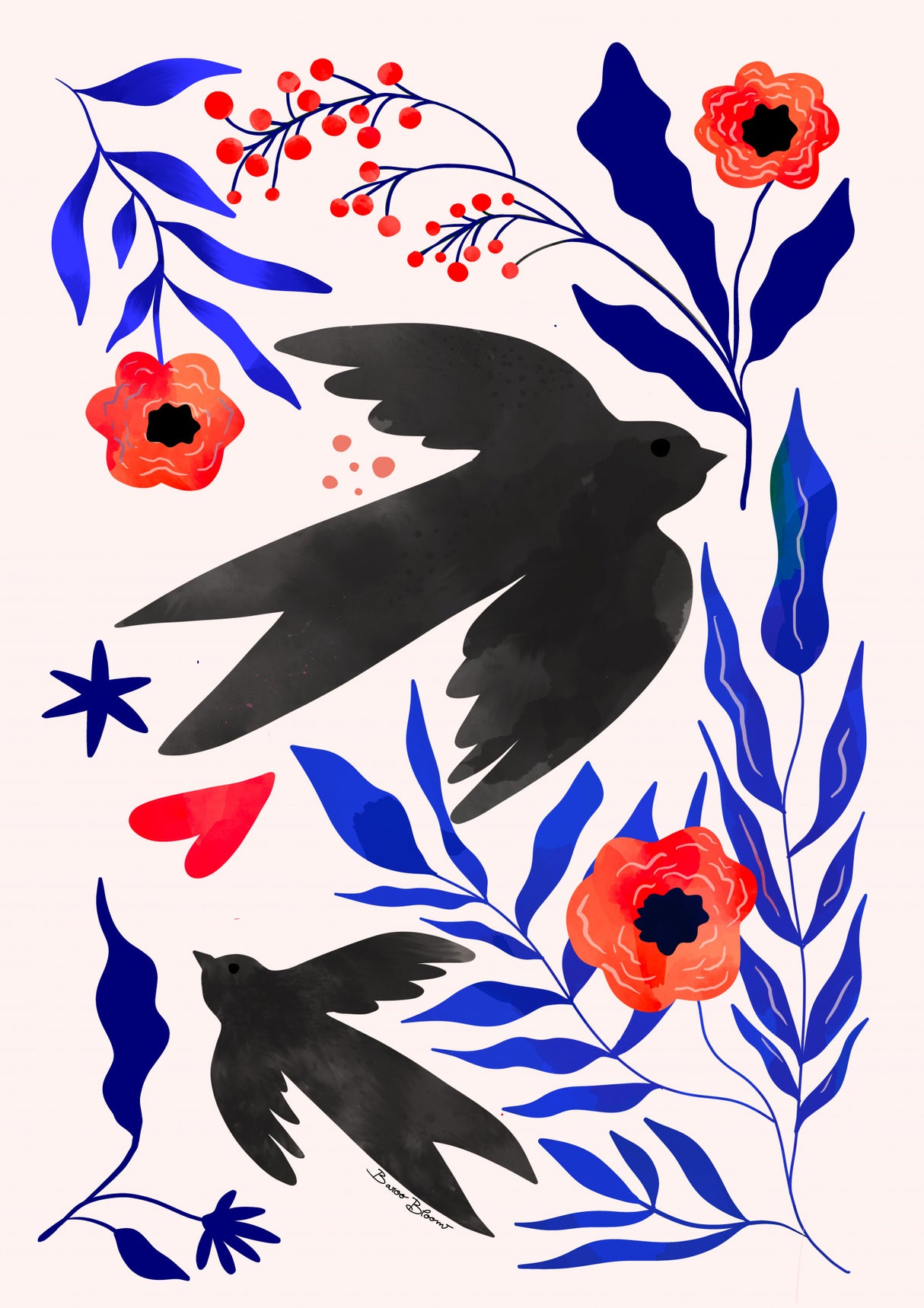 Swallow Flowers Poster och Canvastavla