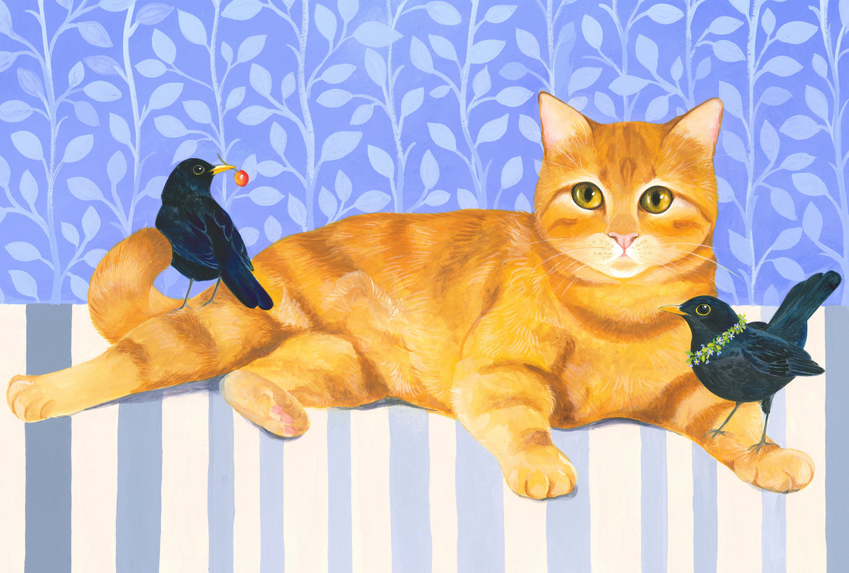Ginger Cat and Blackbirds Poster och Canvastavla