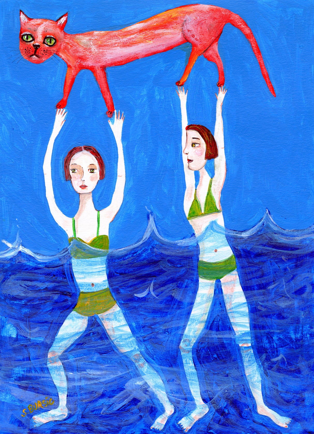 Two swimmers with pink cat Poster och Canvastavla