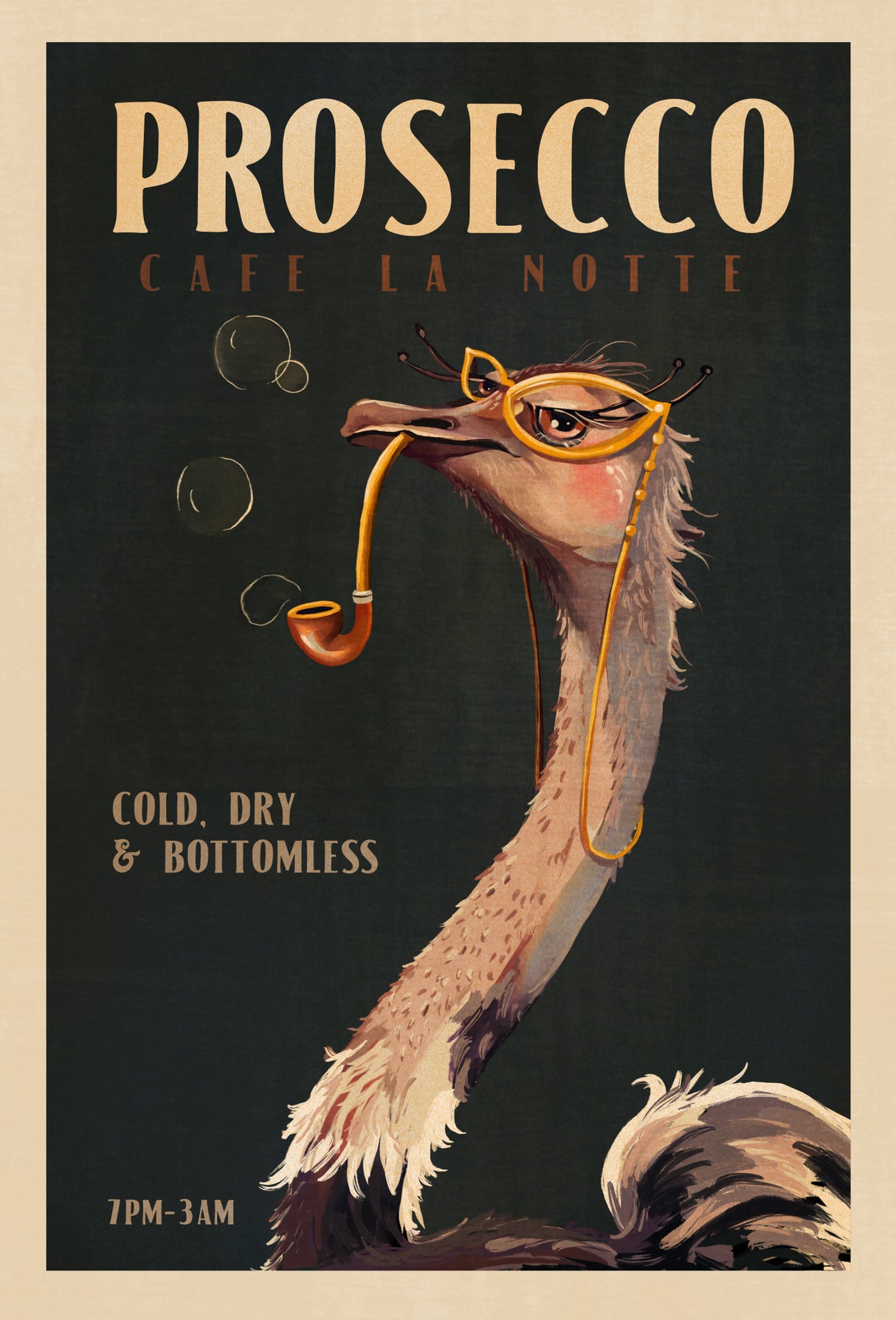Cute Art Deco Prosecco Poster Of An Ostrich Poster och Canvastavla