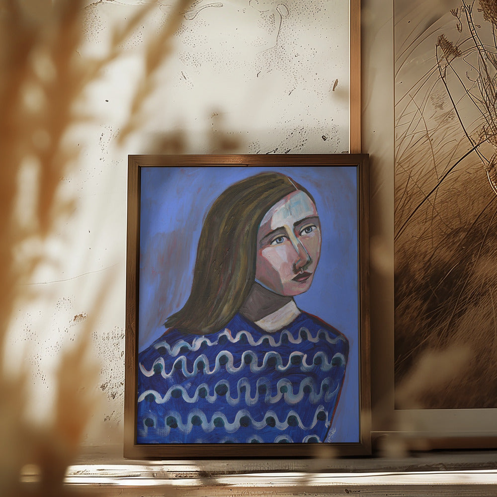 Woman in Blue Sweater Naive Portrait Figurative Poster och Canvastavla