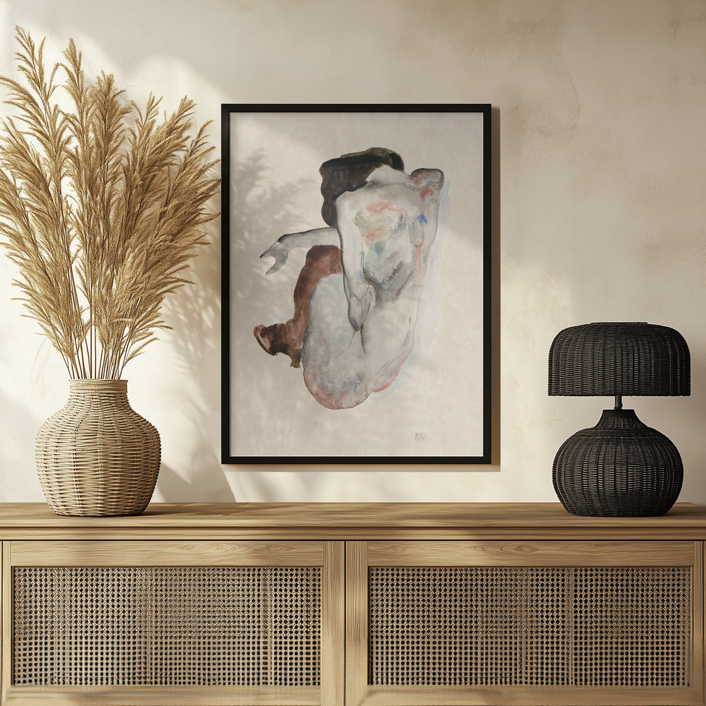 Crouching Nude In Shoes and Black Stockings 1912 Poster och Canvastavla