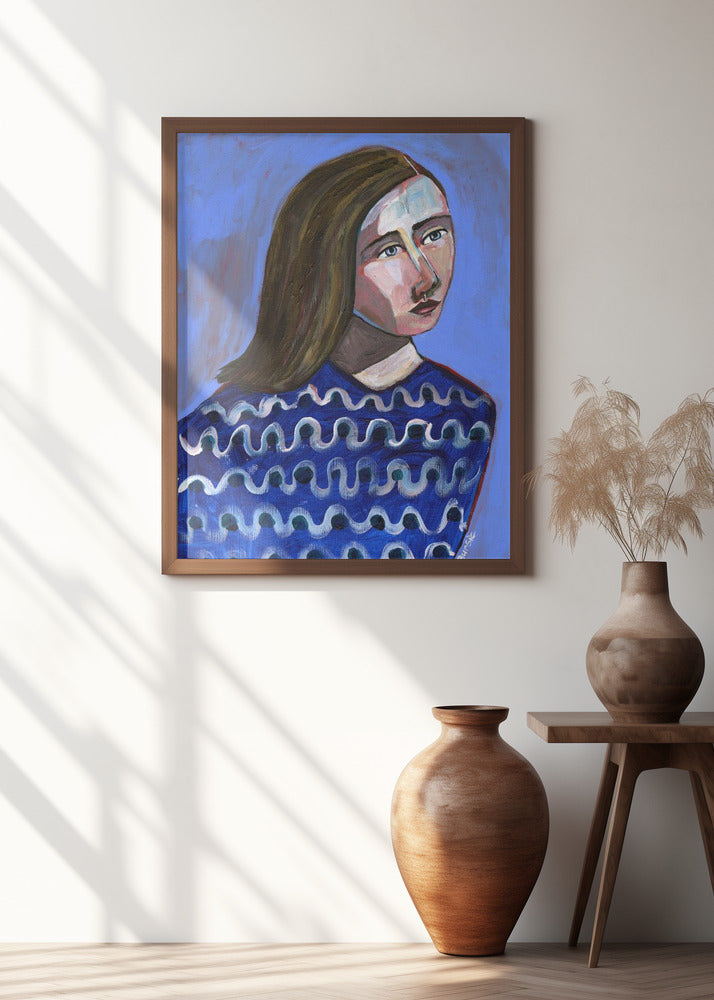 Woman in Blue Sweater Naive Portrait Figurative Poster och Canvastavla