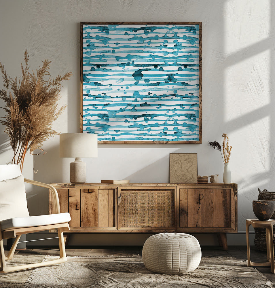 Indigo Turquoise Line Splatter Watercolor Poster och Canvastavla