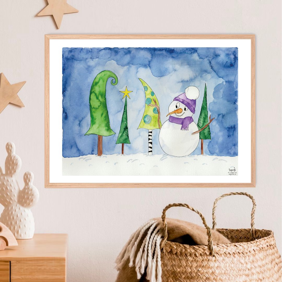 Snögubbe och granar