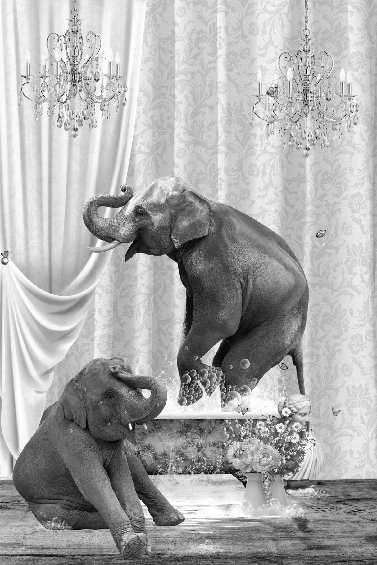 Elephants & Bubbles Black & White Poster och Canvastavla
