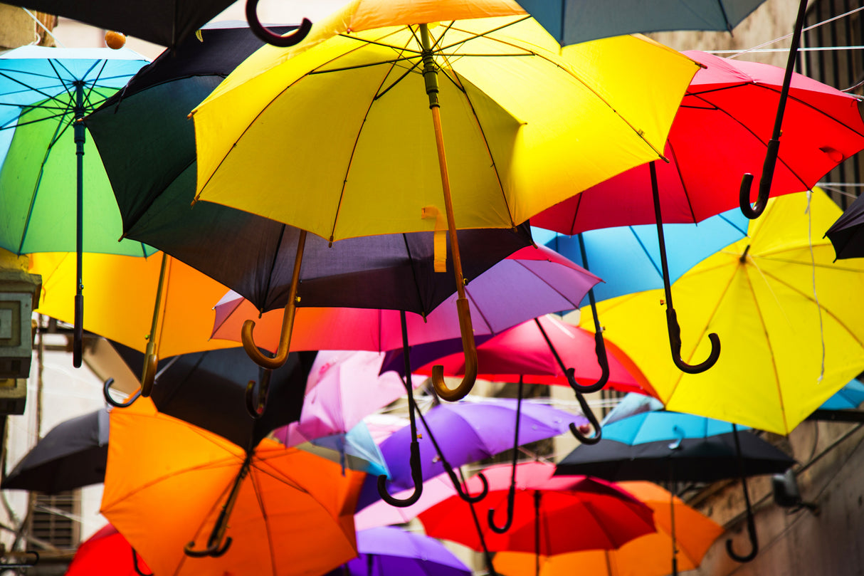 old building and decorative umbrellas Poster och Canvastavla
