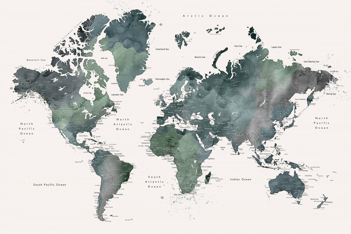 Watercolor world map with cities, Makoa Poster och Canvastavla