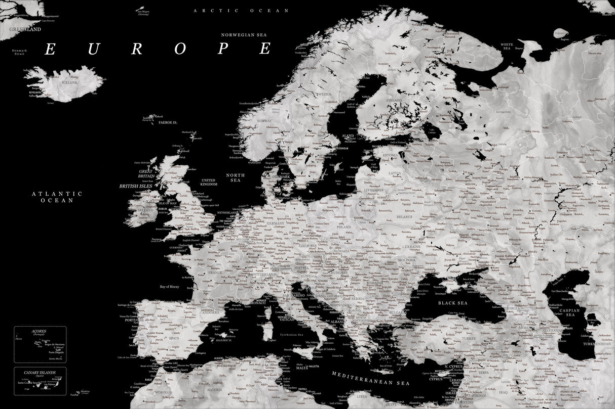 Black and grey detailed map of Europe Poster och Canvastavla