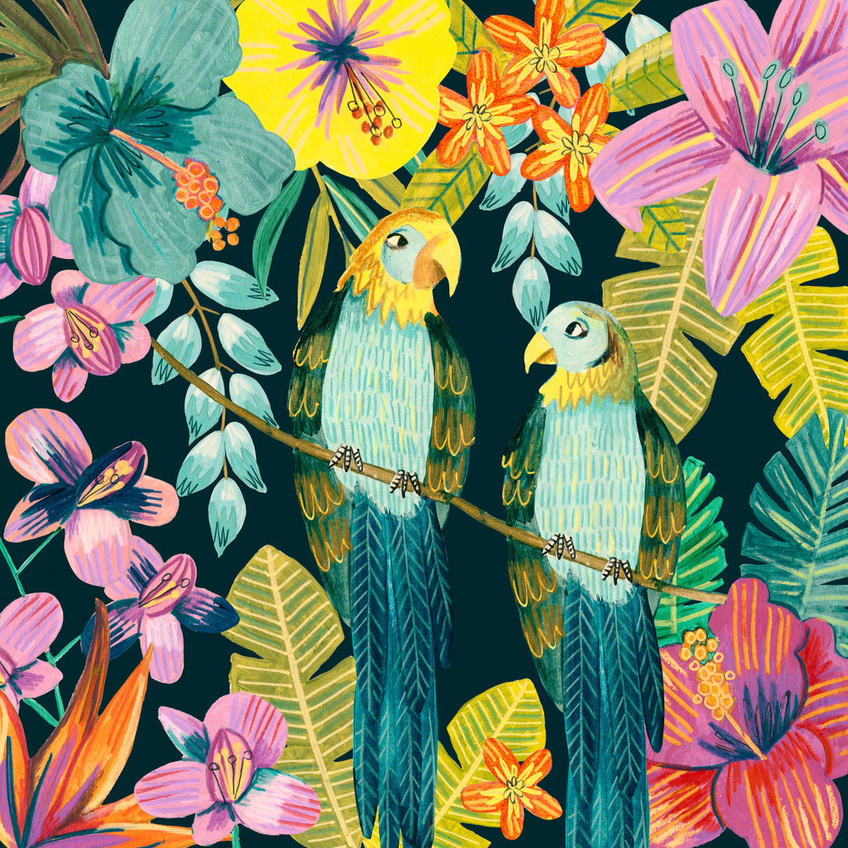 Parrots Tropical Floral Jungle Poster och Canvastavla
