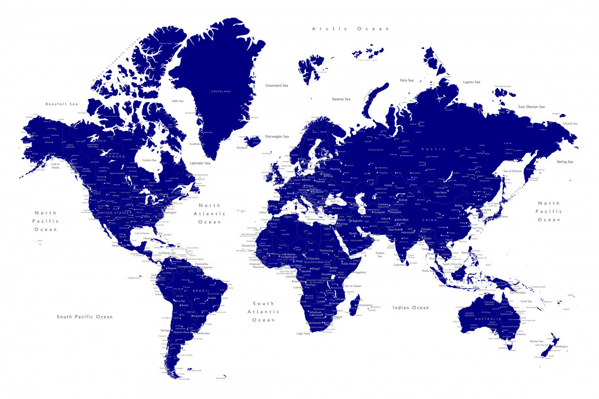 Navy blue world map with cities, Nevin Poster och Canvastavla