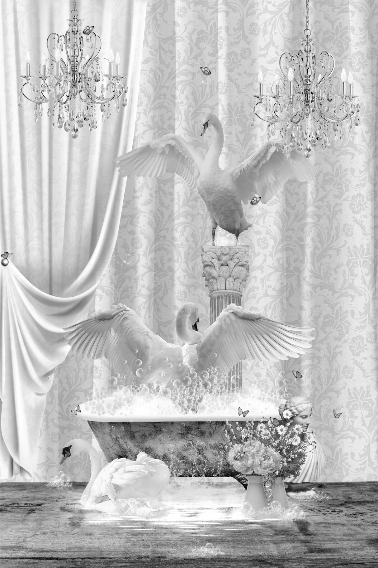 Three Swans & Bubbles Black & White Poster och Canvastavla