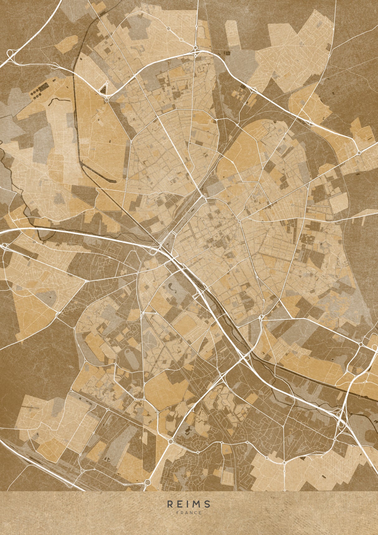 Sepia vintage map of Reims France Poster och Canvastavla