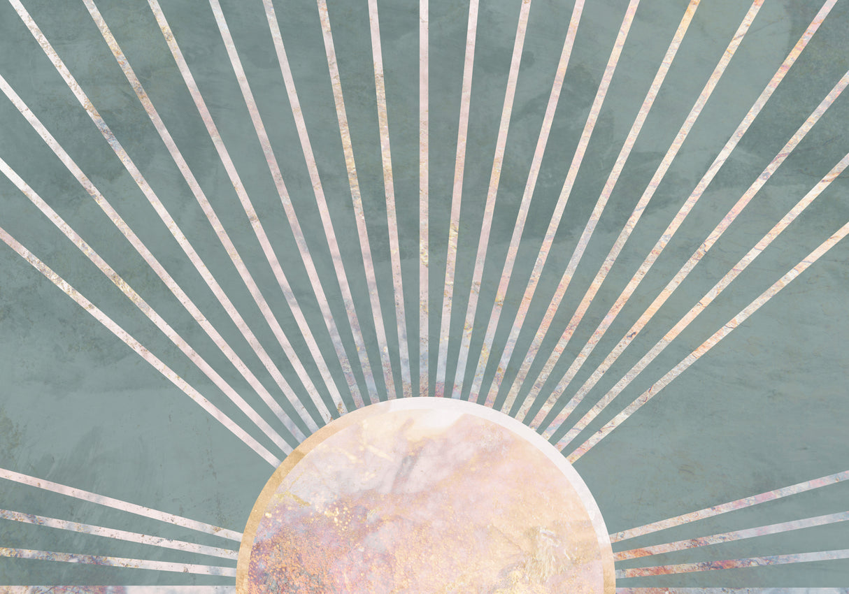 Gold sun rays mural green Poster och Canvastavla