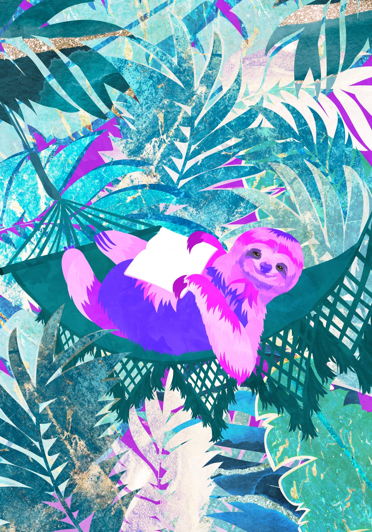 Pink and Green Neon Sloth in Hammock Poster och Canvastavla