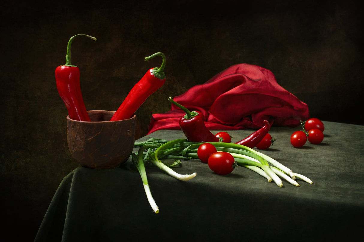 Still life with red pepper, tomatoes and onions on the table Poster och Canvastavla