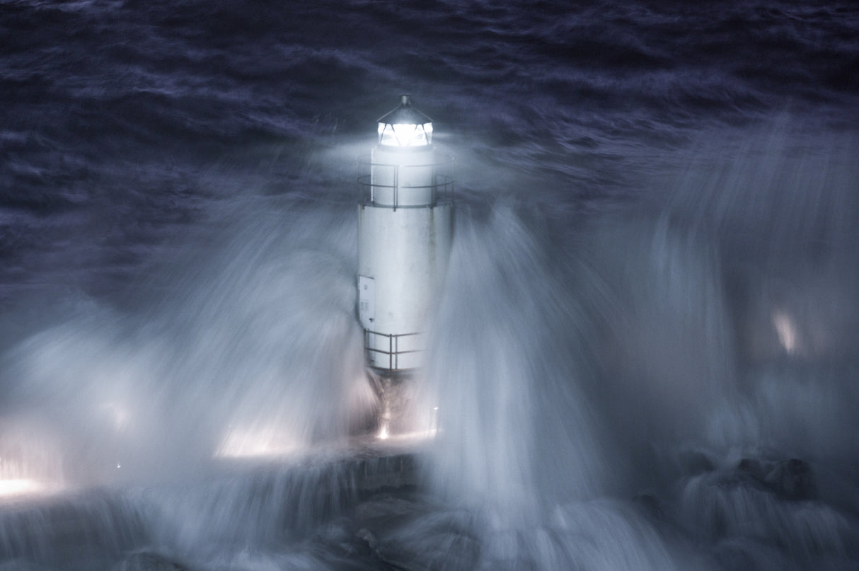 The lighthouse in the stormy night Poster och Canvastavla