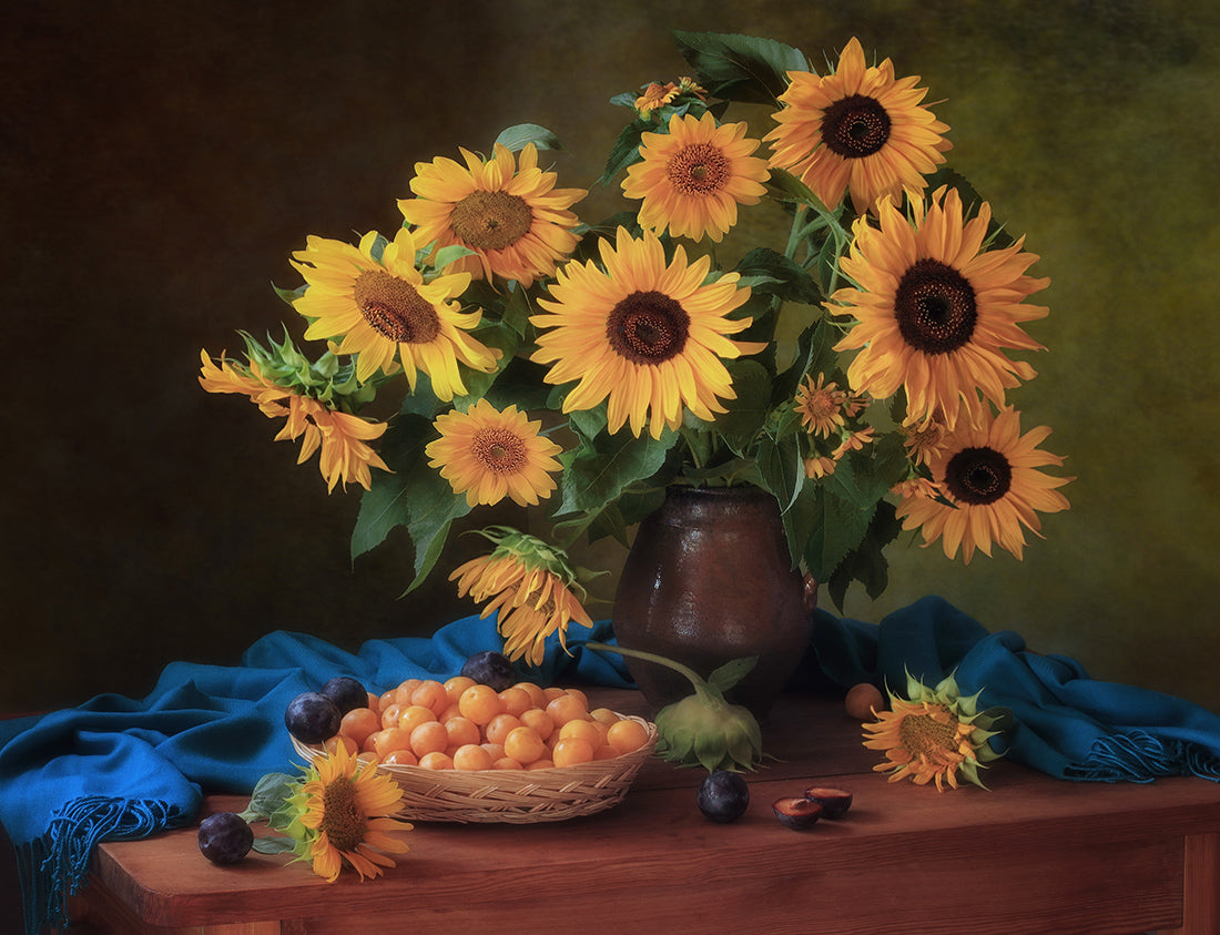 Still life with sunflowers and plums Poster och Canvastavla