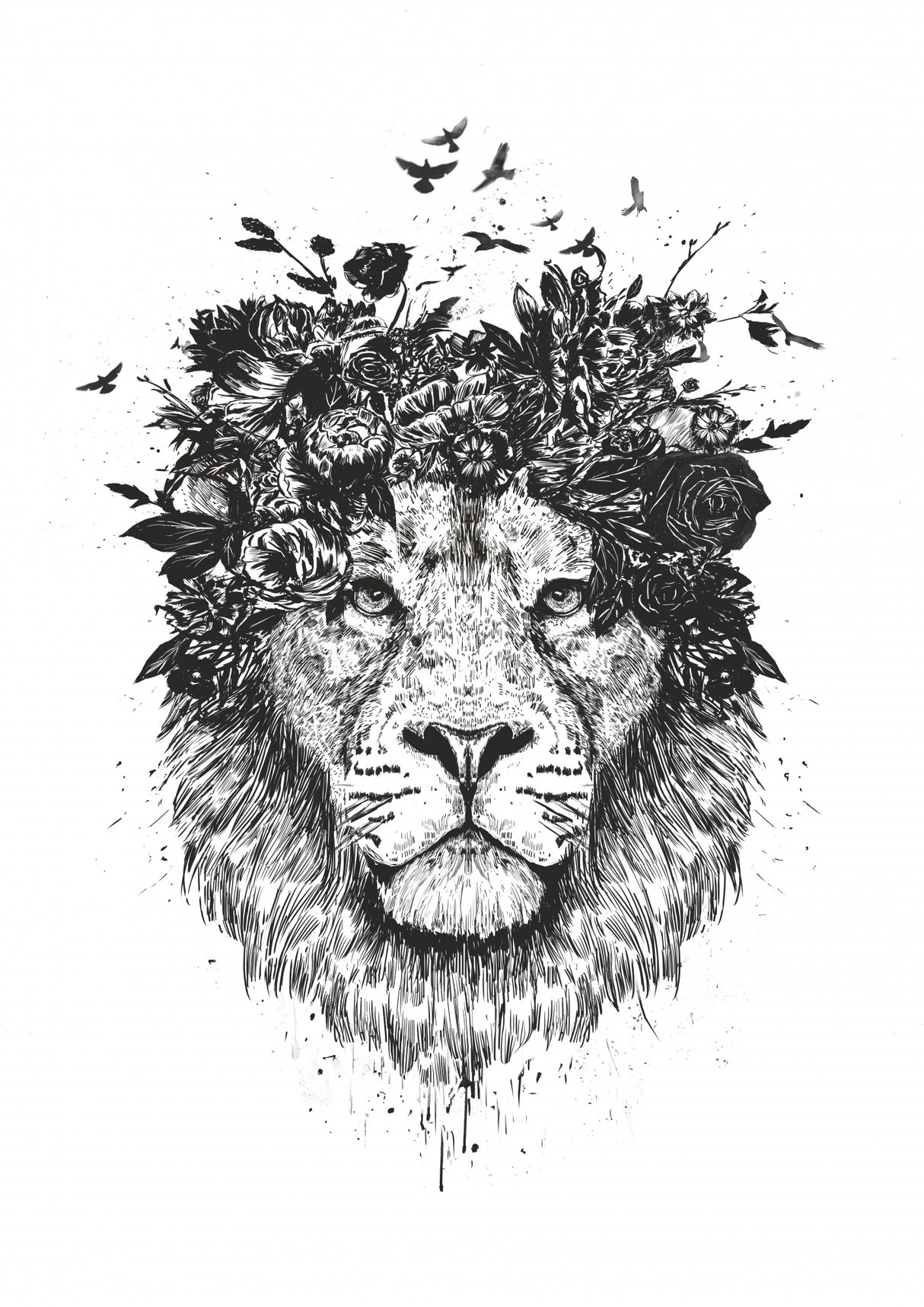 Floral lion (bw) Poster och Canvastavla