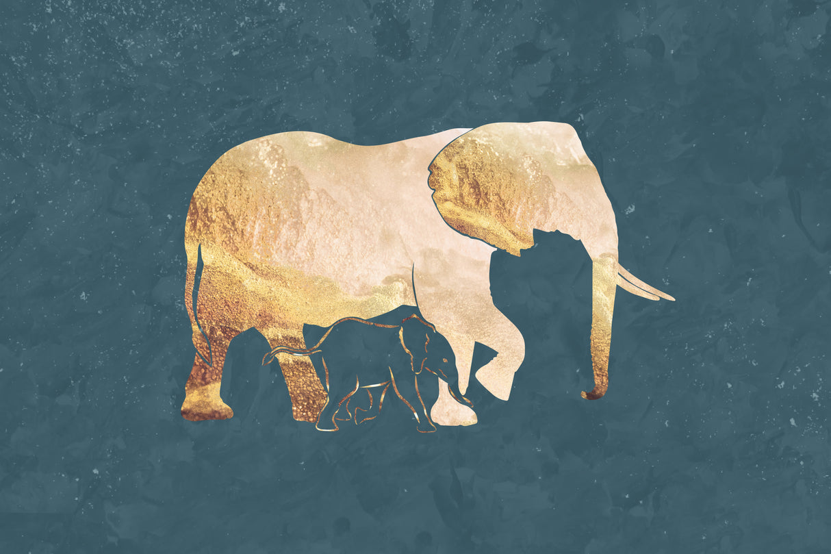 Gold green elephants 1 Poster och Canvastavla