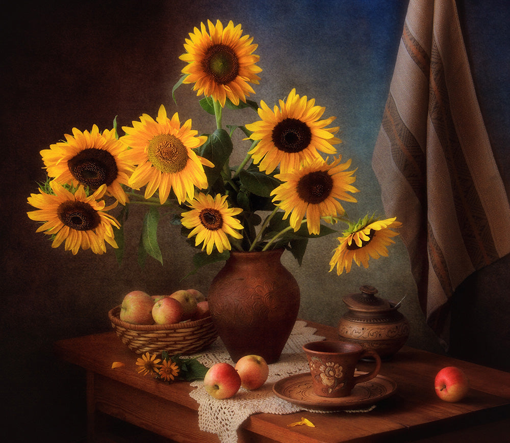 Still life with sunflowers and apples Poster och Canvastavla
