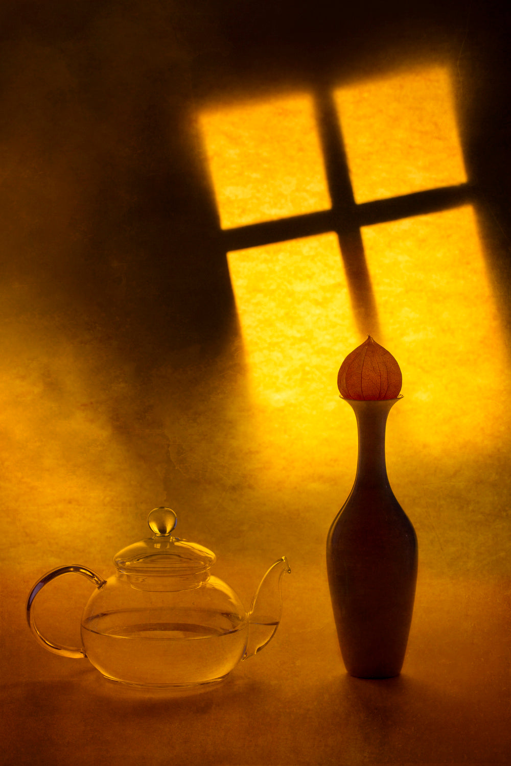 Still life with a teapot and a vase on a window background Poster och Canvastavla