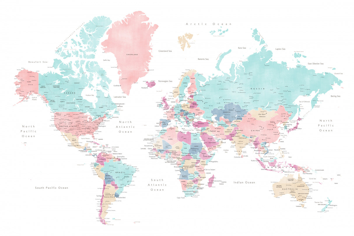 Distressed pastels world map with cities, Carmen Poster och Canvastavla