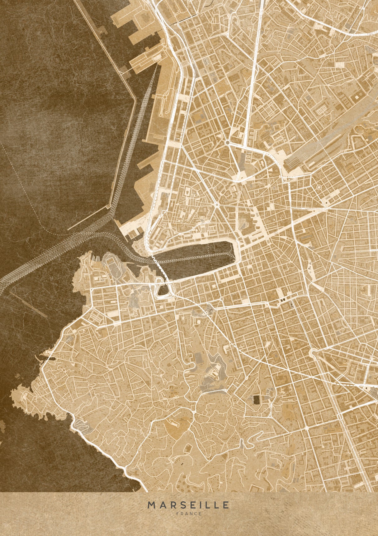 Sepia vintage map of Marseille France Poster och Canvastavla