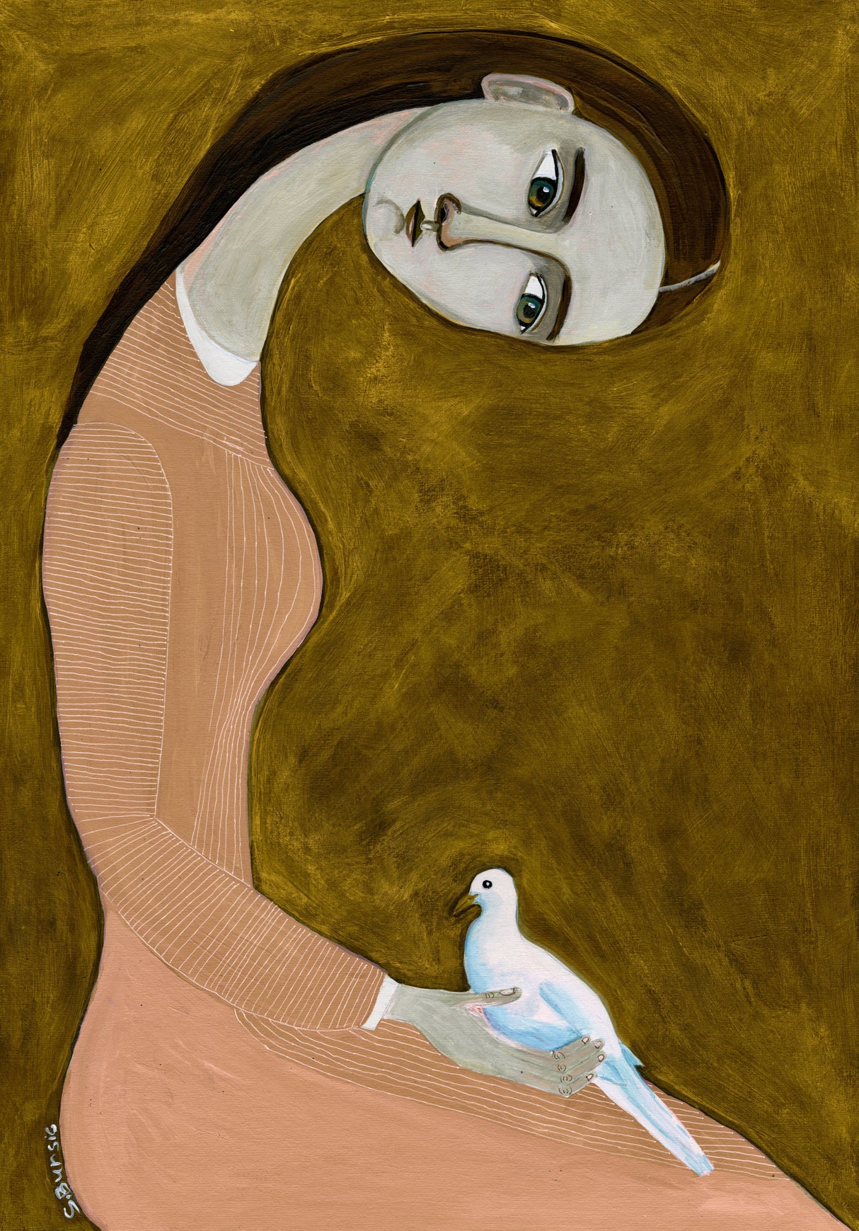 Girl with Dove sitting with pink dress Poster och Canvastavla