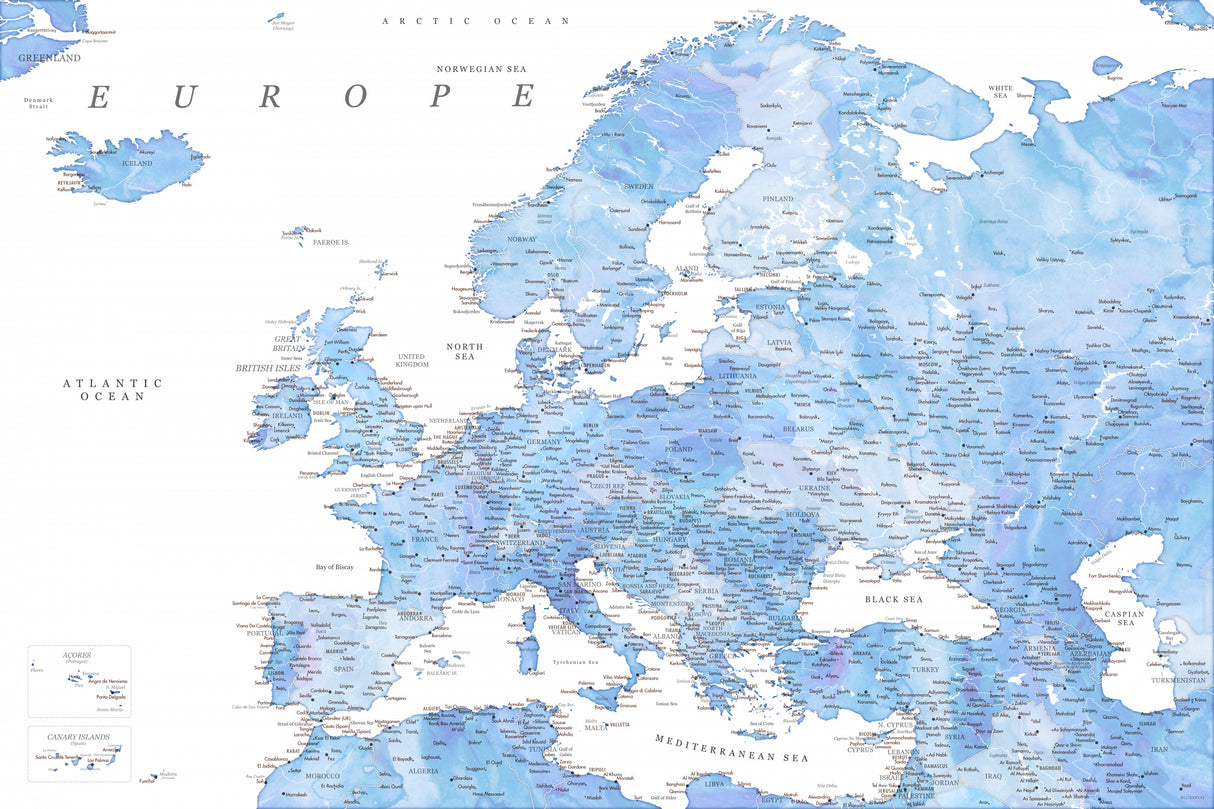 Light blue watercolor detailed map of Europe Poster och Canvastavla