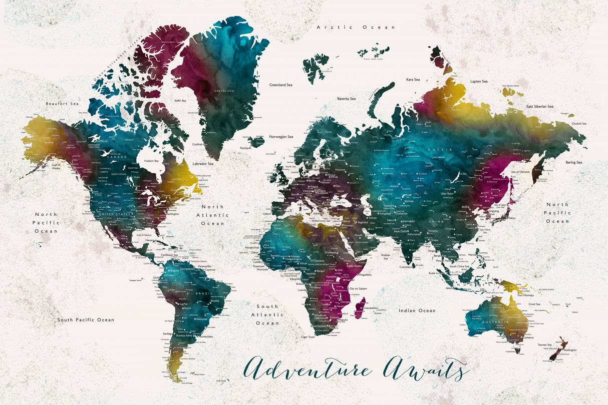 Charleena world map with cities, Adventure awaits Poster och Canvastavla