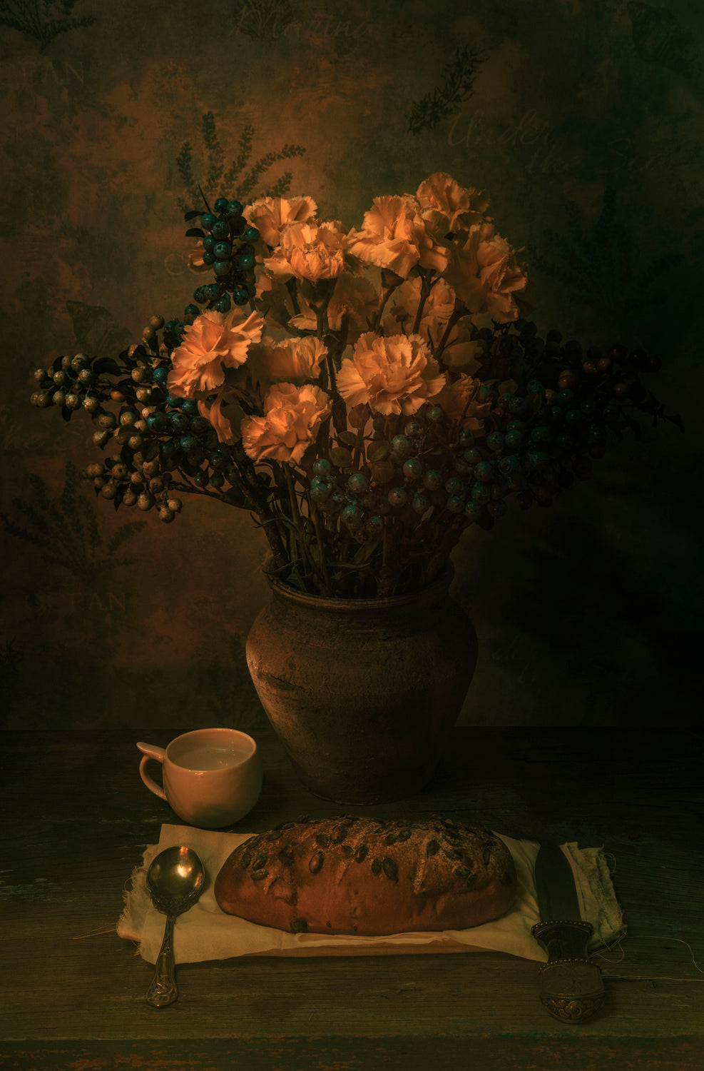 Candlelight bread and flowers Poster och Canvastavla