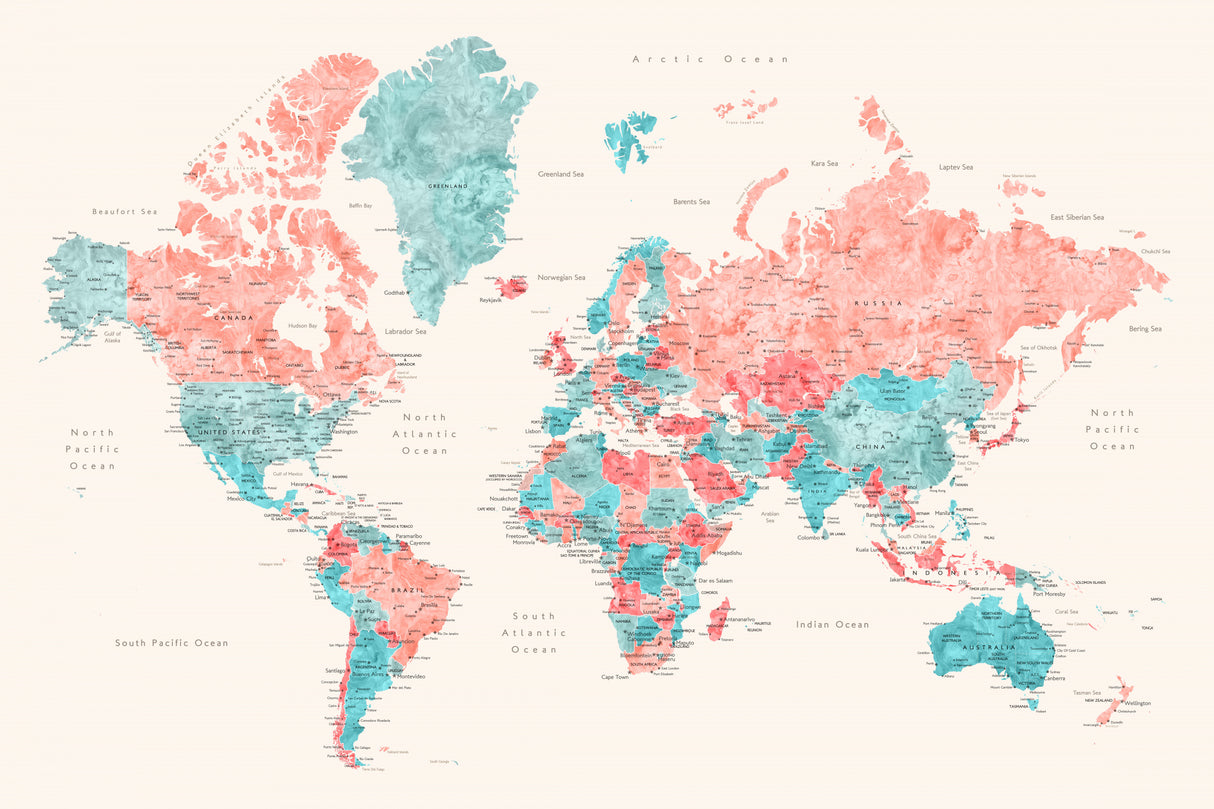 Watercolor world map with cities, Charlotte Poster och Canvastavla