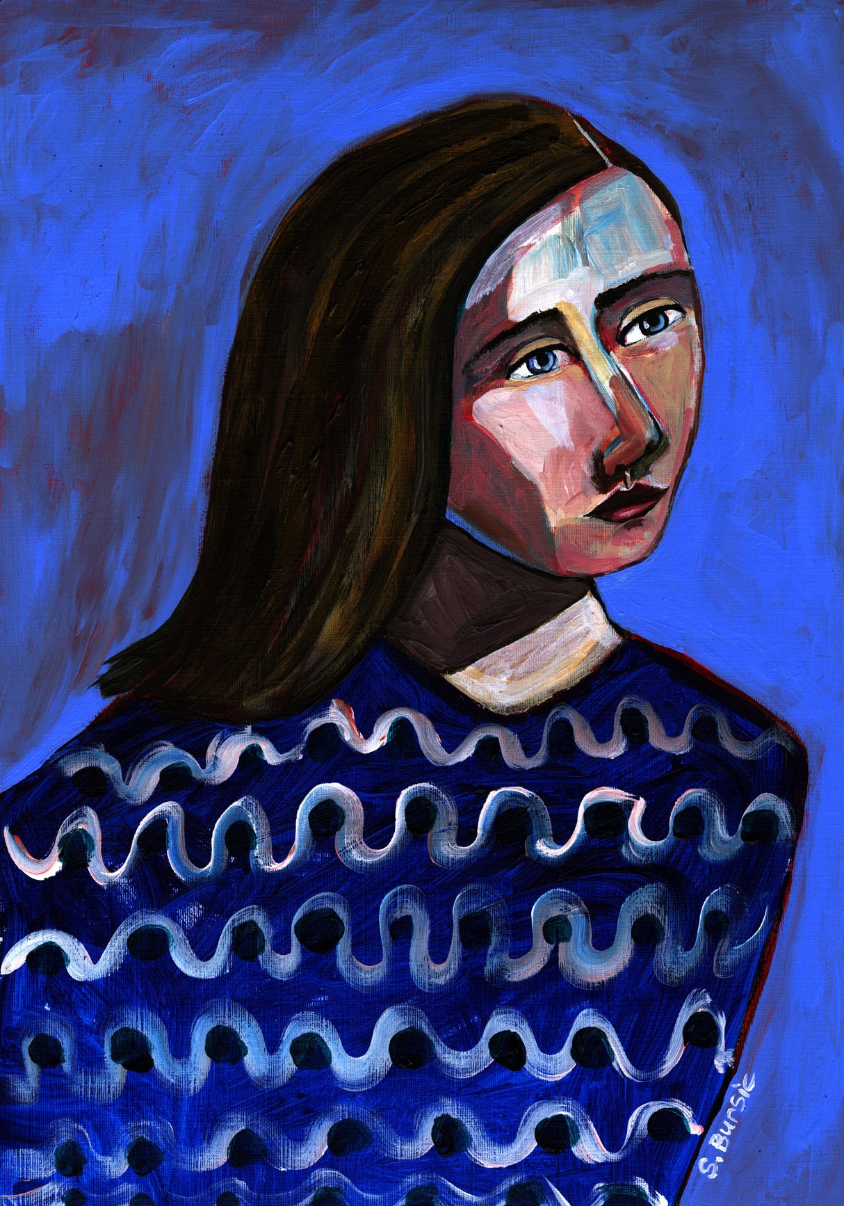Woman in Blue Sweater Naive Portrait Figurative Poster och Canvastavla