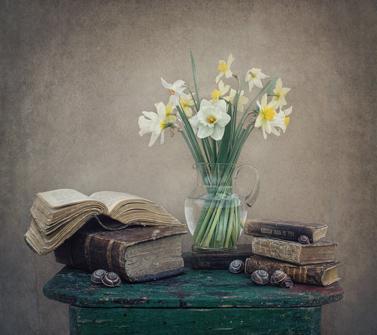 Still life with daffodils, old books and snails Poster och Canvastavla