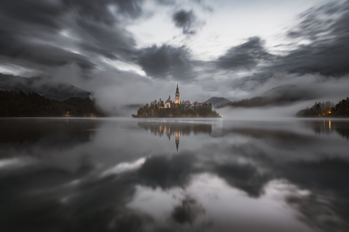 Misty morning on the lake Bled Poster och Canvastavla
