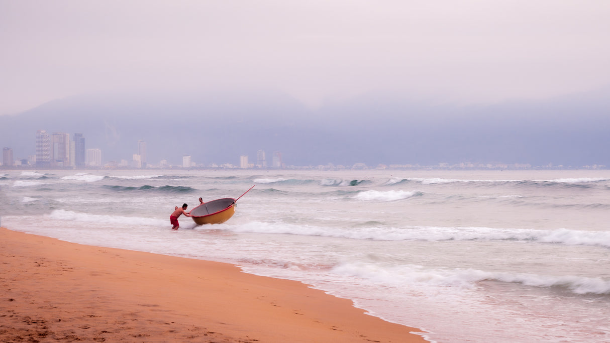 Basket boat at morning beach Poster och Canvastavla