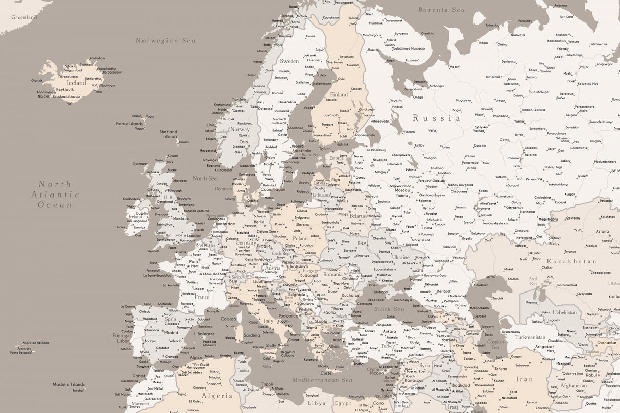 High detail map of Europe in neutrals Poster och Canvastavla