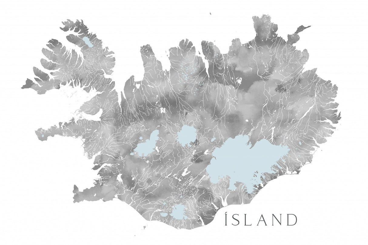 Ísland - Iceland blank map in gray watercolor Poster och Canvastavla