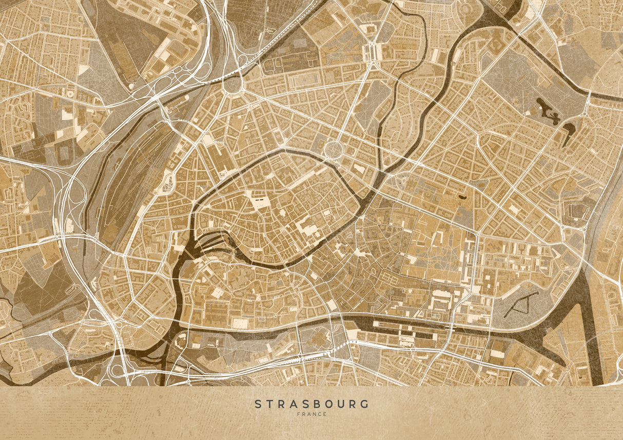 Sepia vintage map of Strasbourg downtown France Poster och Canvastavla