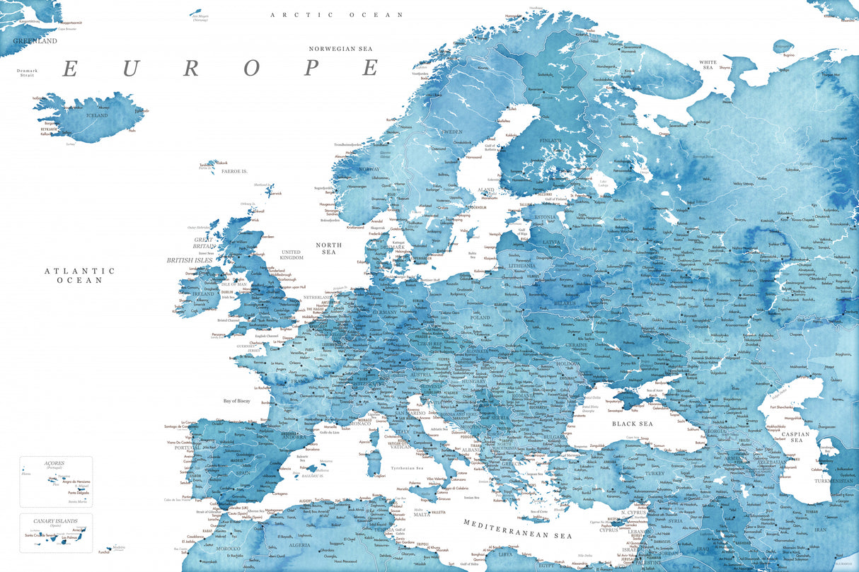 Blue detailed map of Europe Poster och Canvastavla