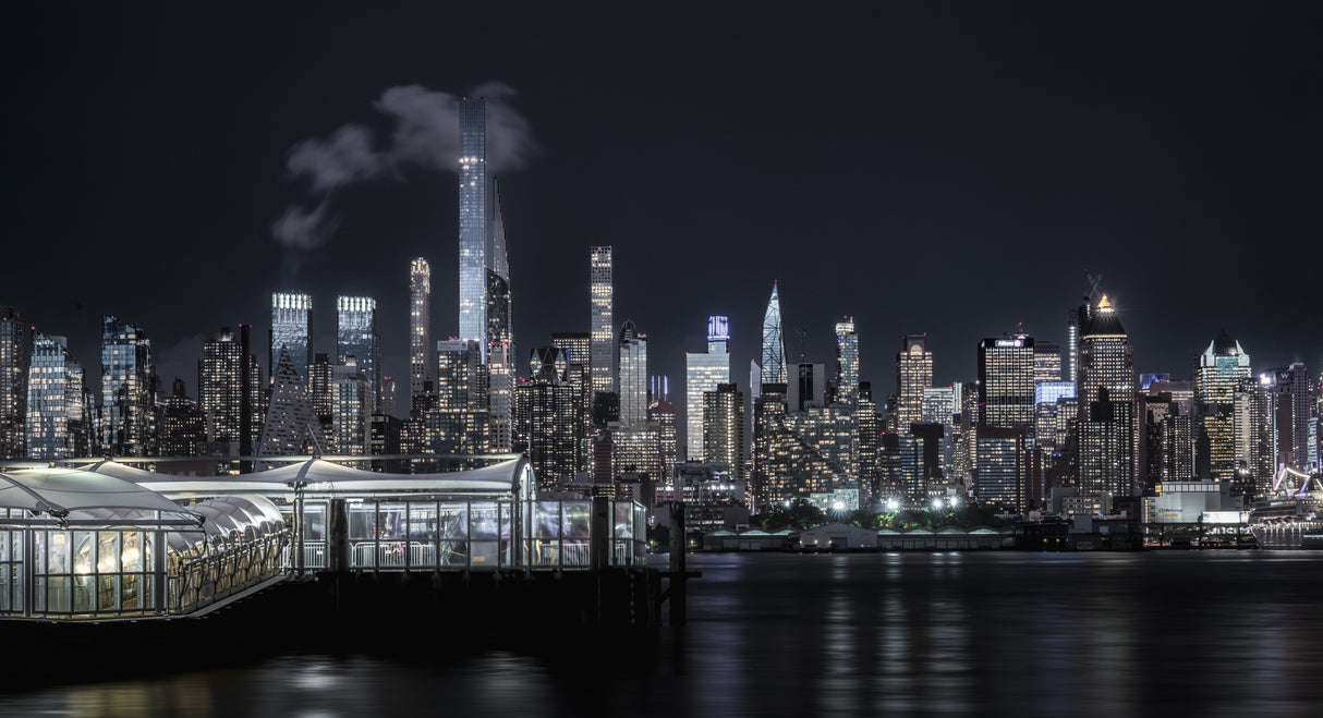 Manhattan Nocturne: Towers, River, and Clouds Poster och Canvastavla