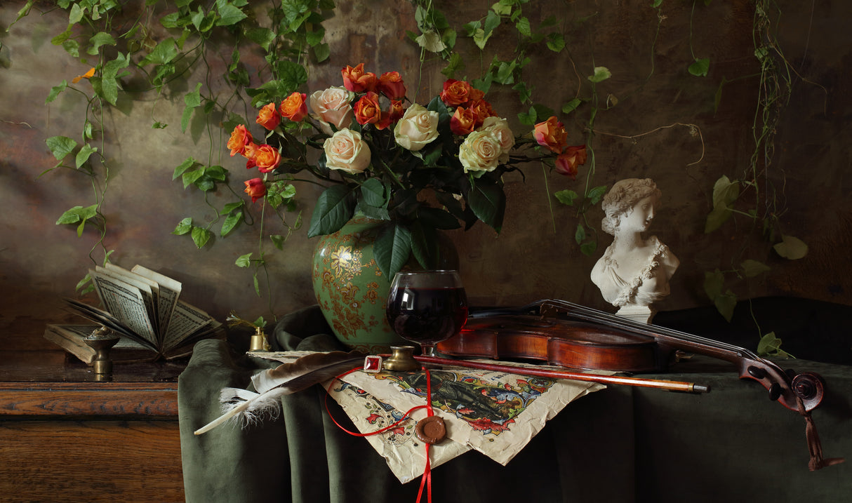Still life with violin and flowers Poster och Canvastavla