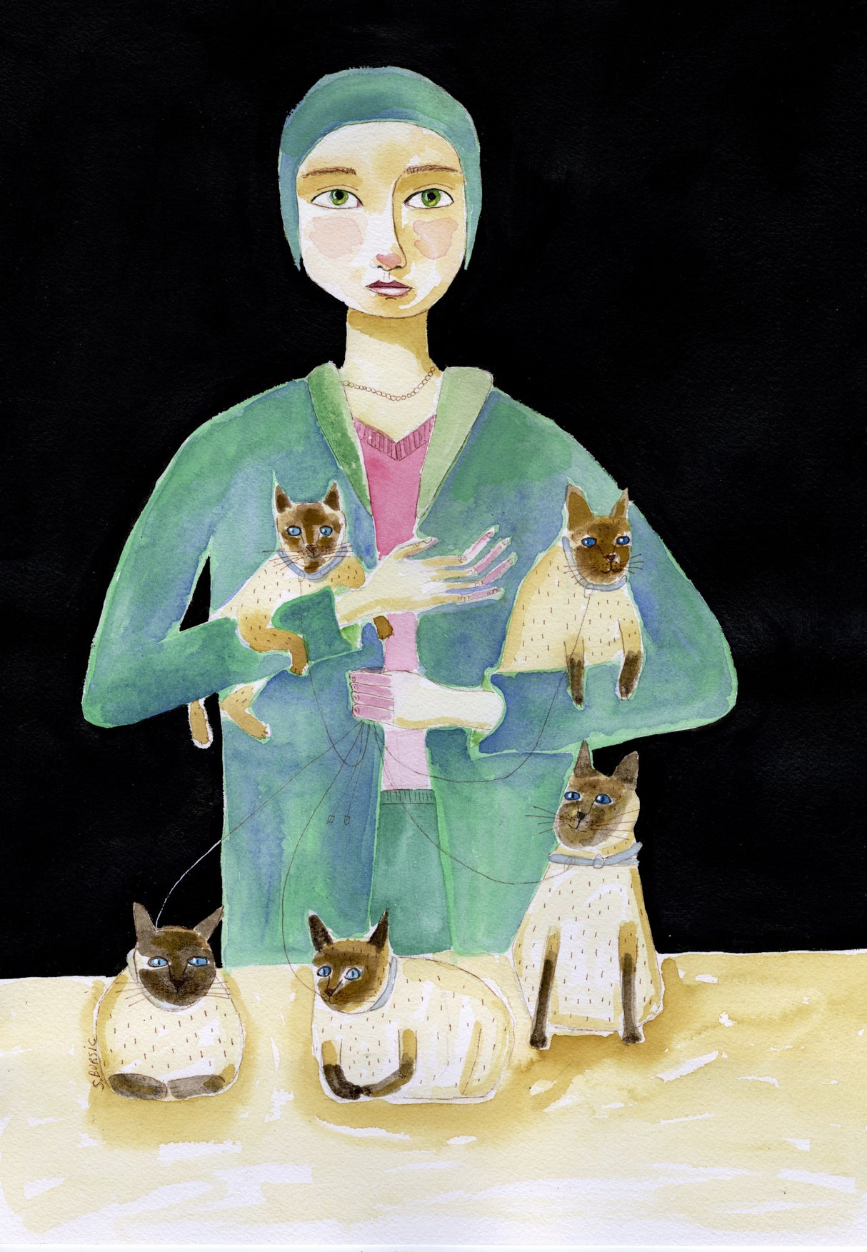 Lady with Five Siamese Cats Poster och Canvastavla