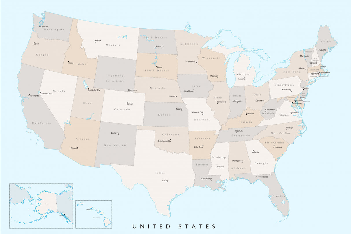 Isolated map of the United States with States and State capitals Poster och Canvastavla
