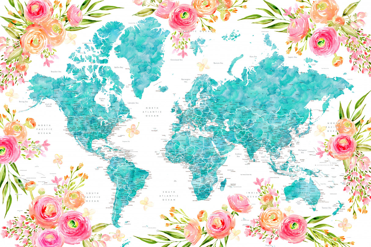 Detailed floral world map with cities, Haven Poster och Canvastavla