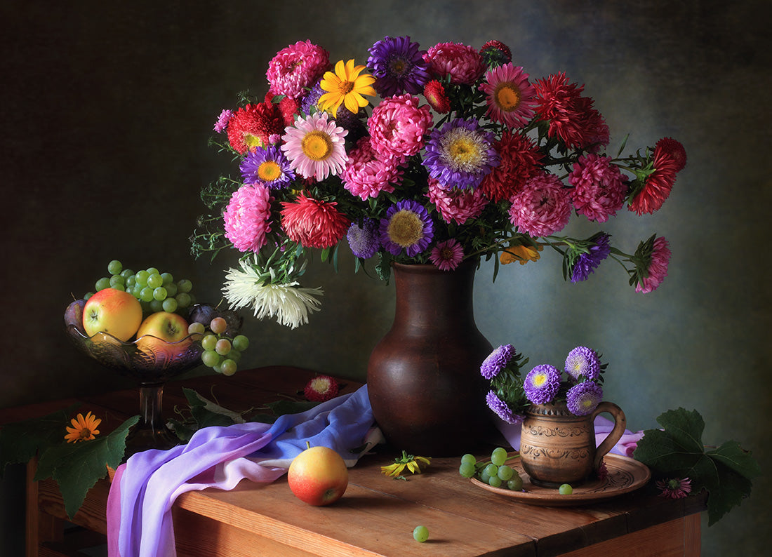Still life with a bouquet of asters and fruits Poster och Canvastavla