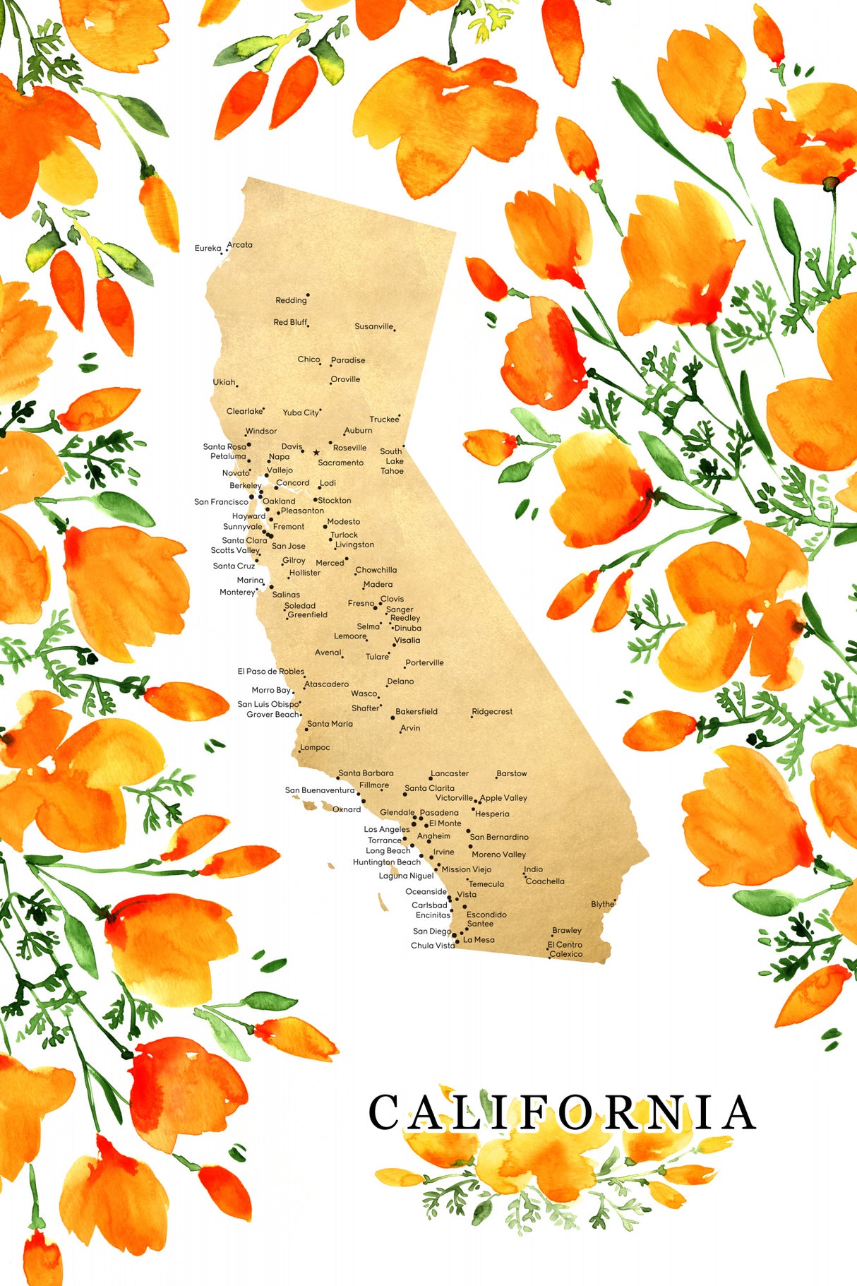 California map with watercolor poppies Poster och Canvastavla